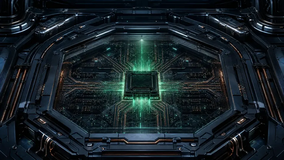 A green energy core inside Dominion's copper and dark glass interface